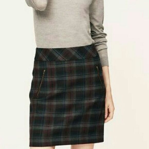 Loft Plaid Academia Gray Black Purple Zippers Mini Above Knee Career Skirt 0 XS - Picture 2 of 9